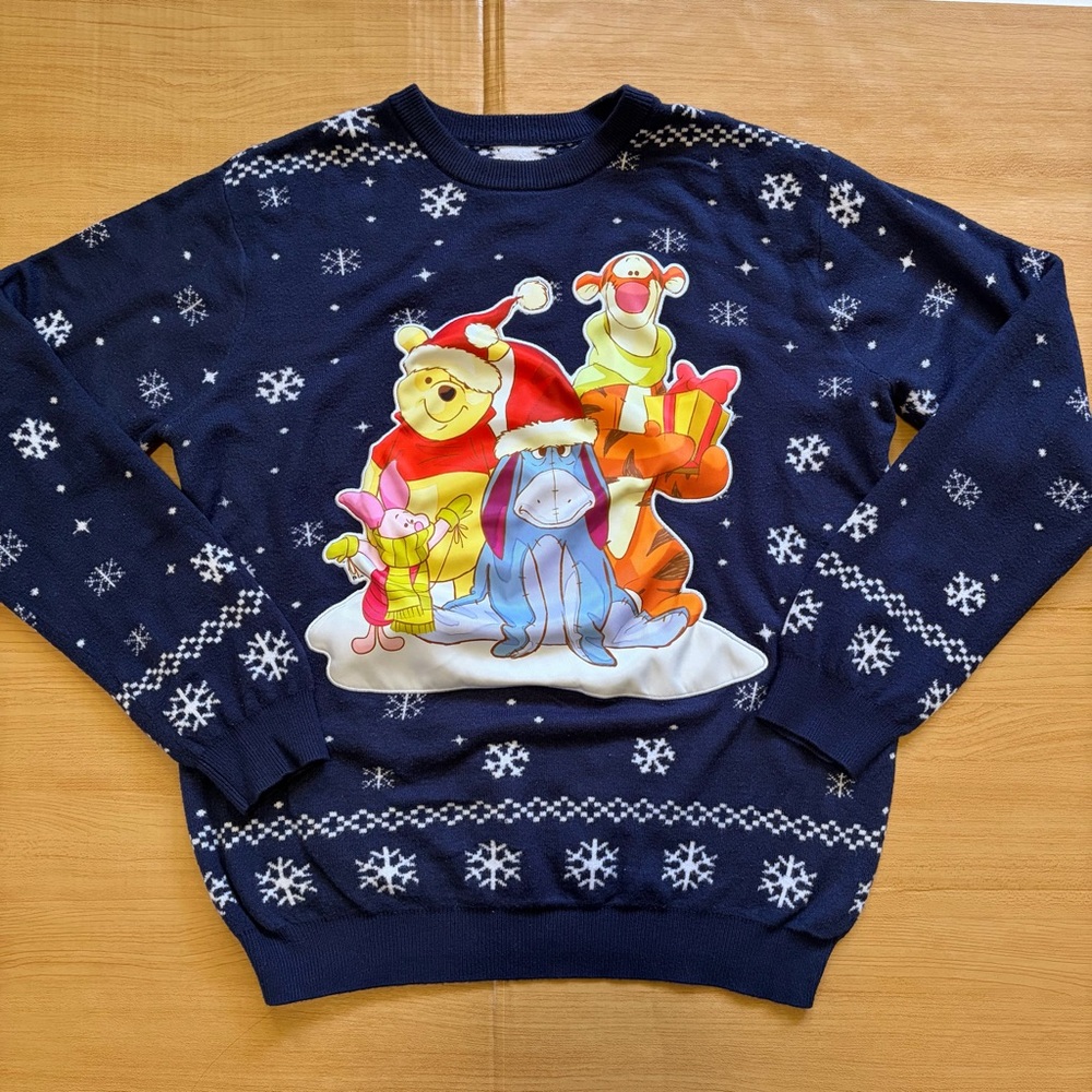 Boxlunch Winnie the Pooh Navy Blue Sweater with Snowflake Design - Picture 1 of 6
